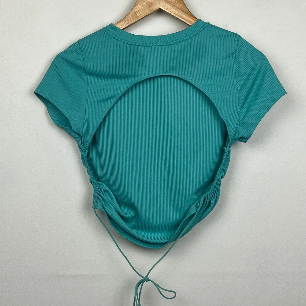 LOVE J Open Back Ribbed Crop Top M Teal Y2K Streetwear